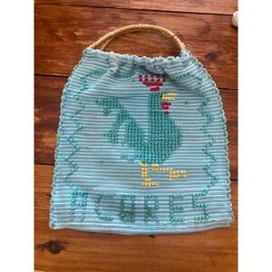 Handwoven Portuguese Rooster Acores Bag Rattan‎ Handles, Vintage Country Boho